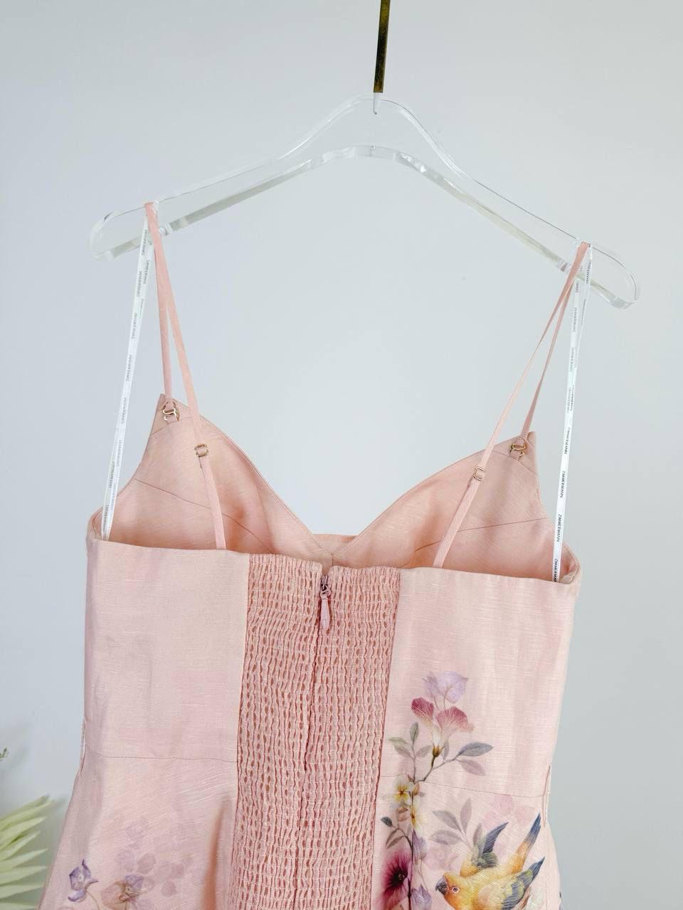 Zimmermann Blush Pink Floral Linen Midi Dress with Botanical Bird Print