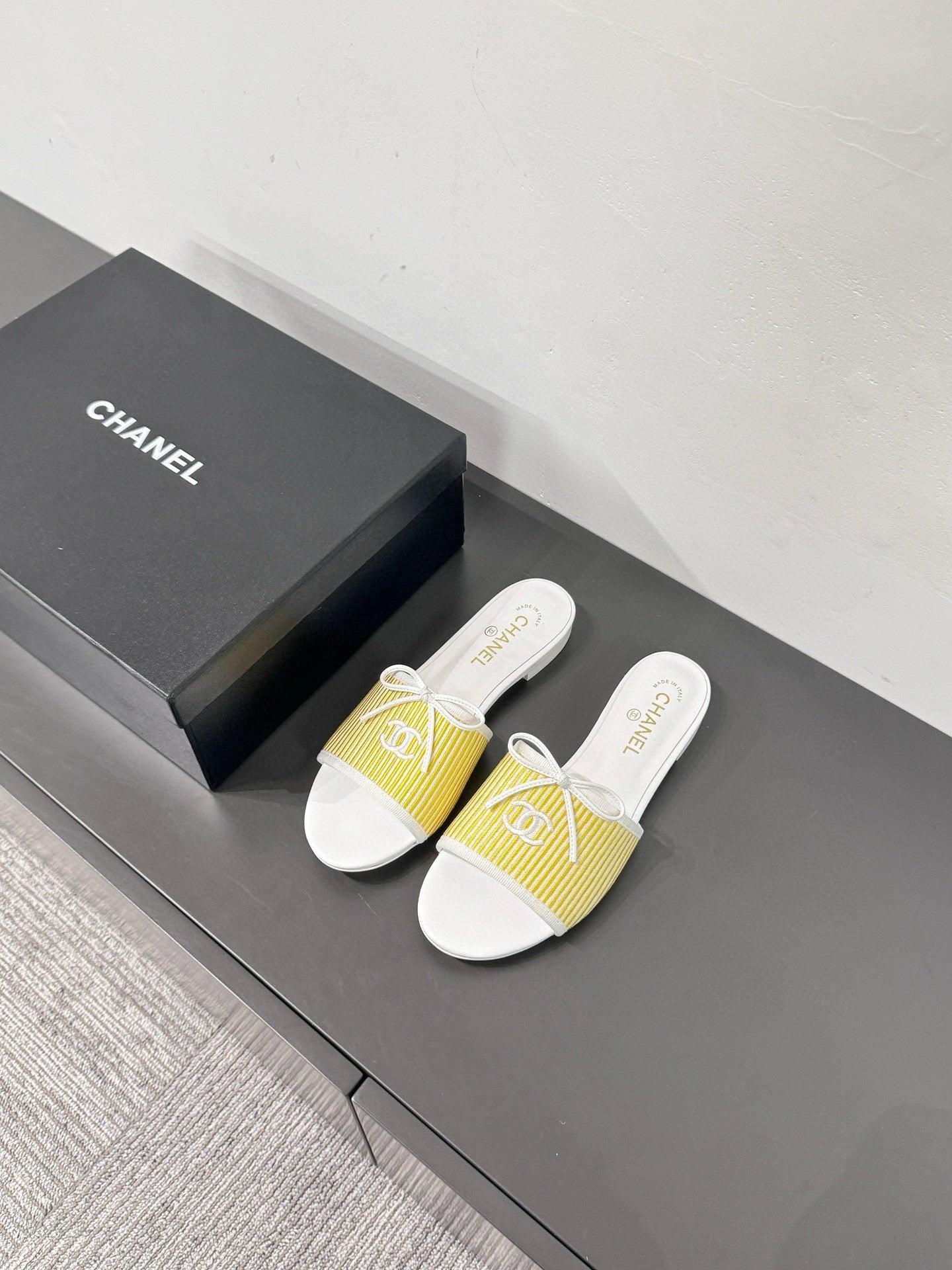 CC STRIPED SLIDE SANDALS IN YELLOW AND WHITE CANVAS - 35