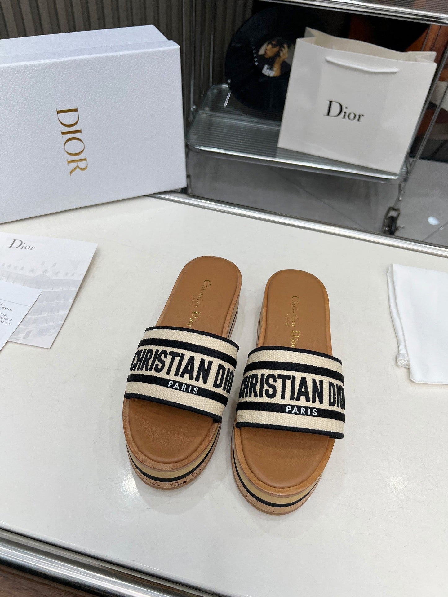 CD PLATFORM SLIDES IN BEIGE MIX BROWN CANVAS - 35