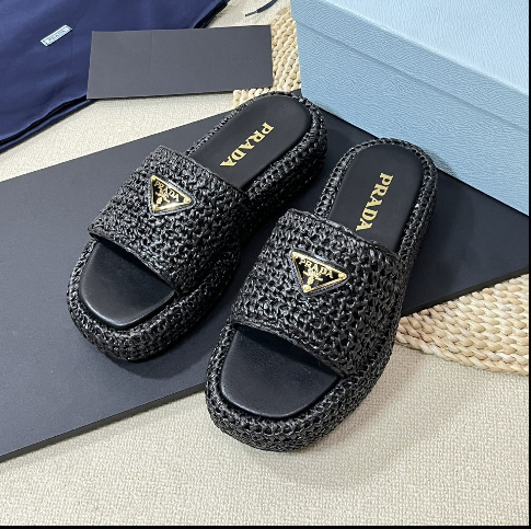 PRA PLATFORM SLIDES IN BLACK WOVEN RAFFIA - 35