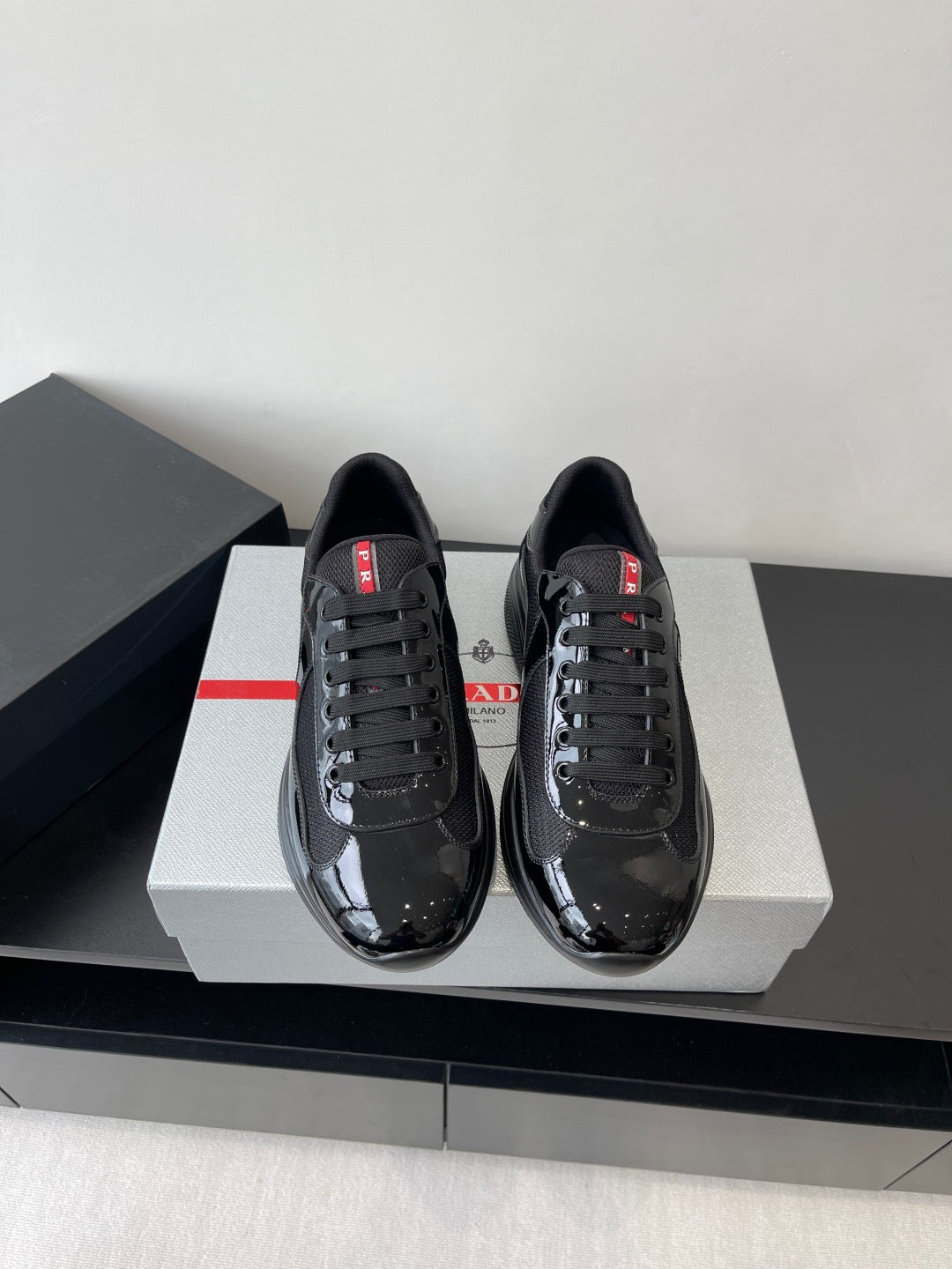 PRADA SNEAKER 25S IN BLACK MESH AND PATENT CALFSKIN - 35