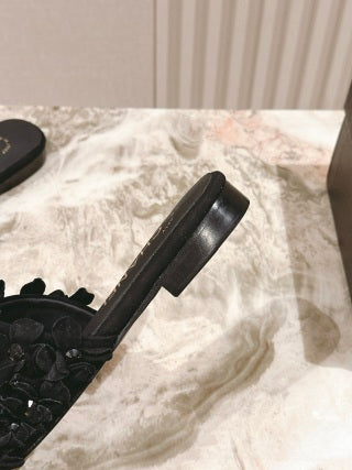 CHANEL 26S CAMELIA SLIPPERS IN BLACK LAMBSKIN BEADED