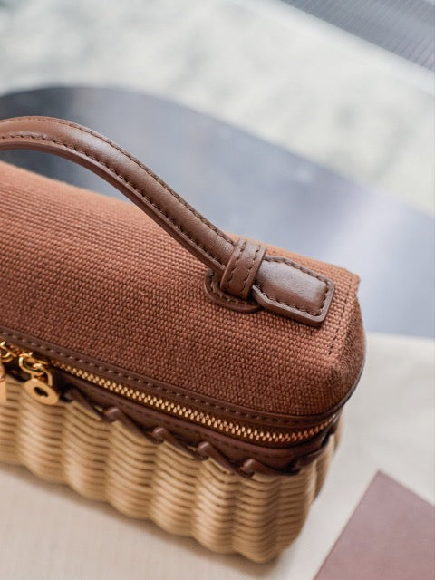 LORO PIANA Elegant Woven Rattan Vanity Bag with Adjustable Shoulder Strap