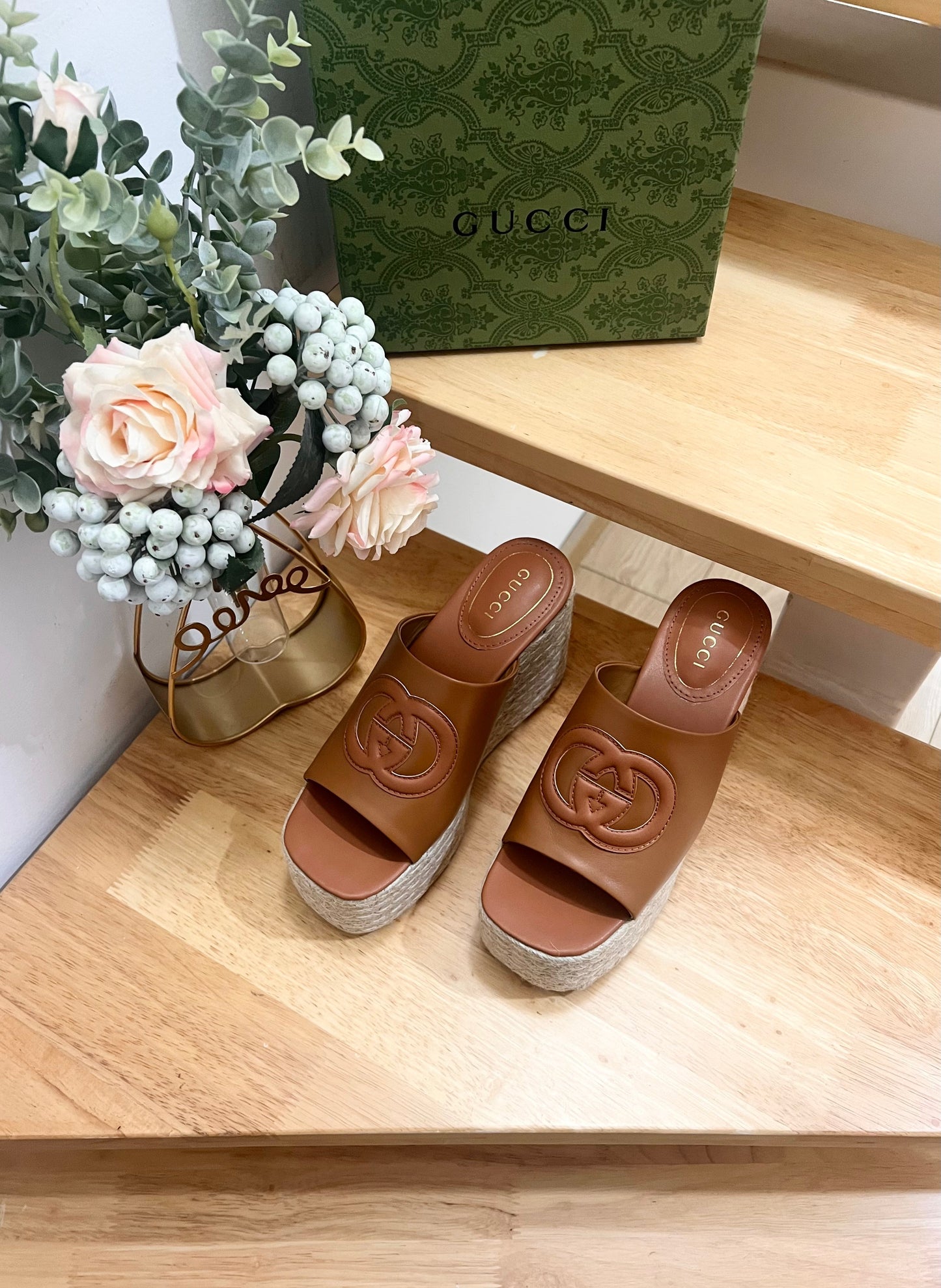 HIGH 10CM WEDGE SANDALS IN RUSSET BROWN SHEEPSKIN - 36