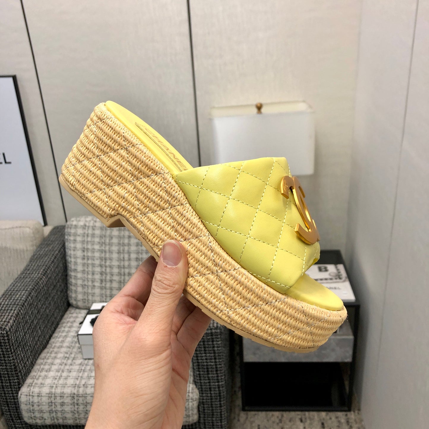 THICK SOLE WEDGE SLIPPERS IN SAND YELLOW LAMBSKIN AND BEIGE RUBBER - 35