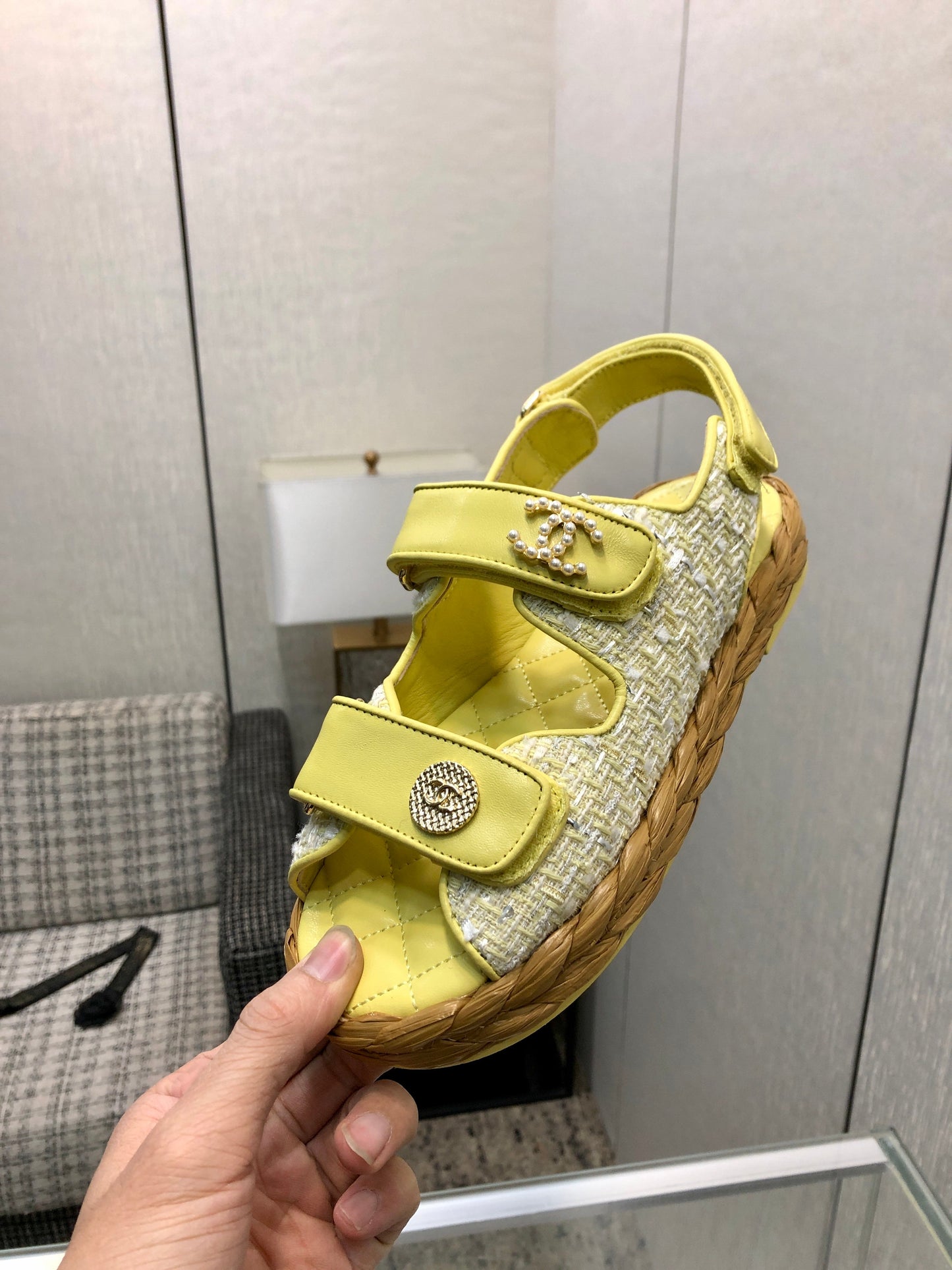 VELCRO SANDALS IN LIGHT YELLOW LAMBSKIN AND TWEED FABRIC - 35
