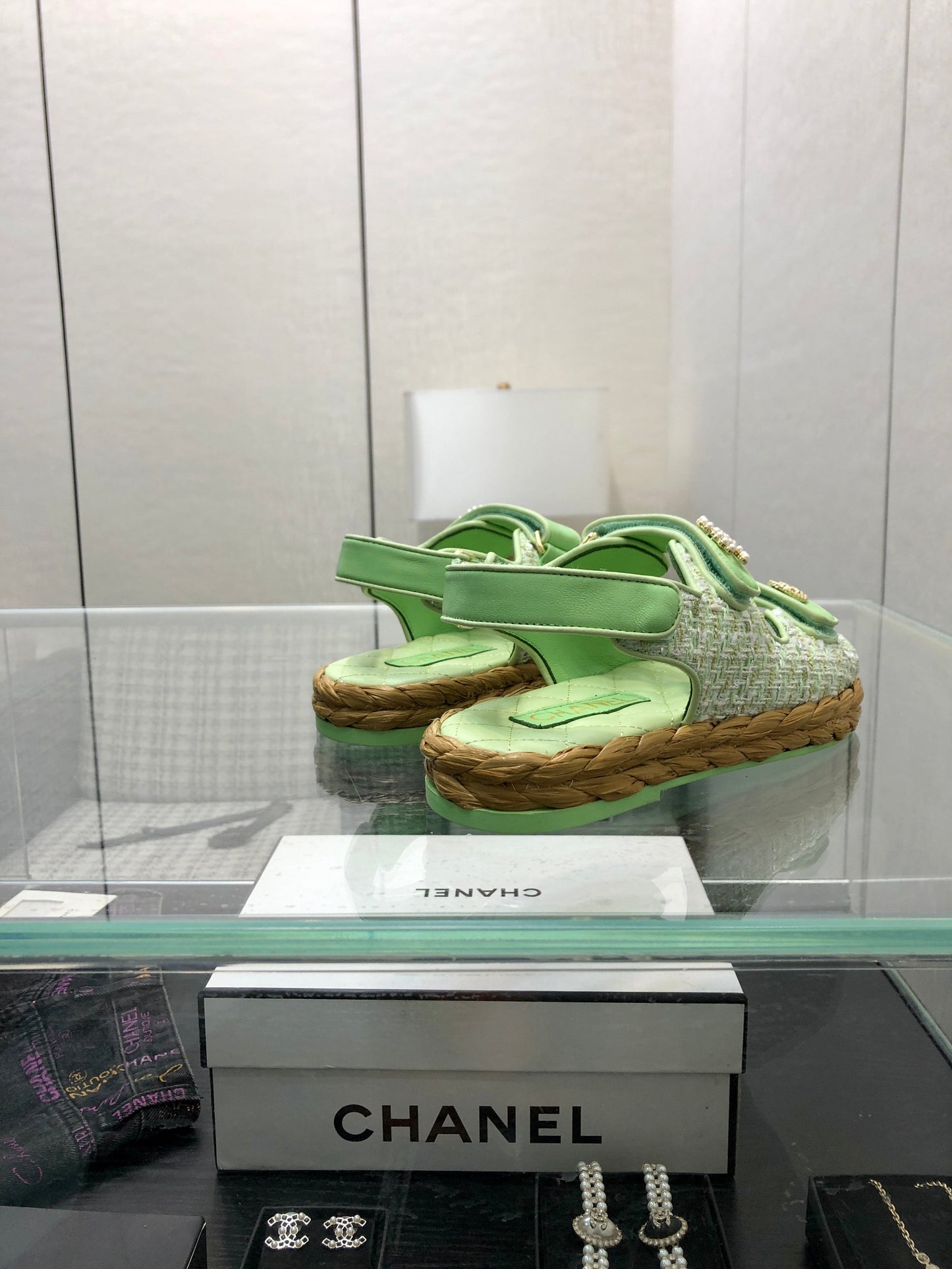 VELCRO SANDALS IN GREEN PASTEL LAMBSKIN AND TWEED FABRIC - 35