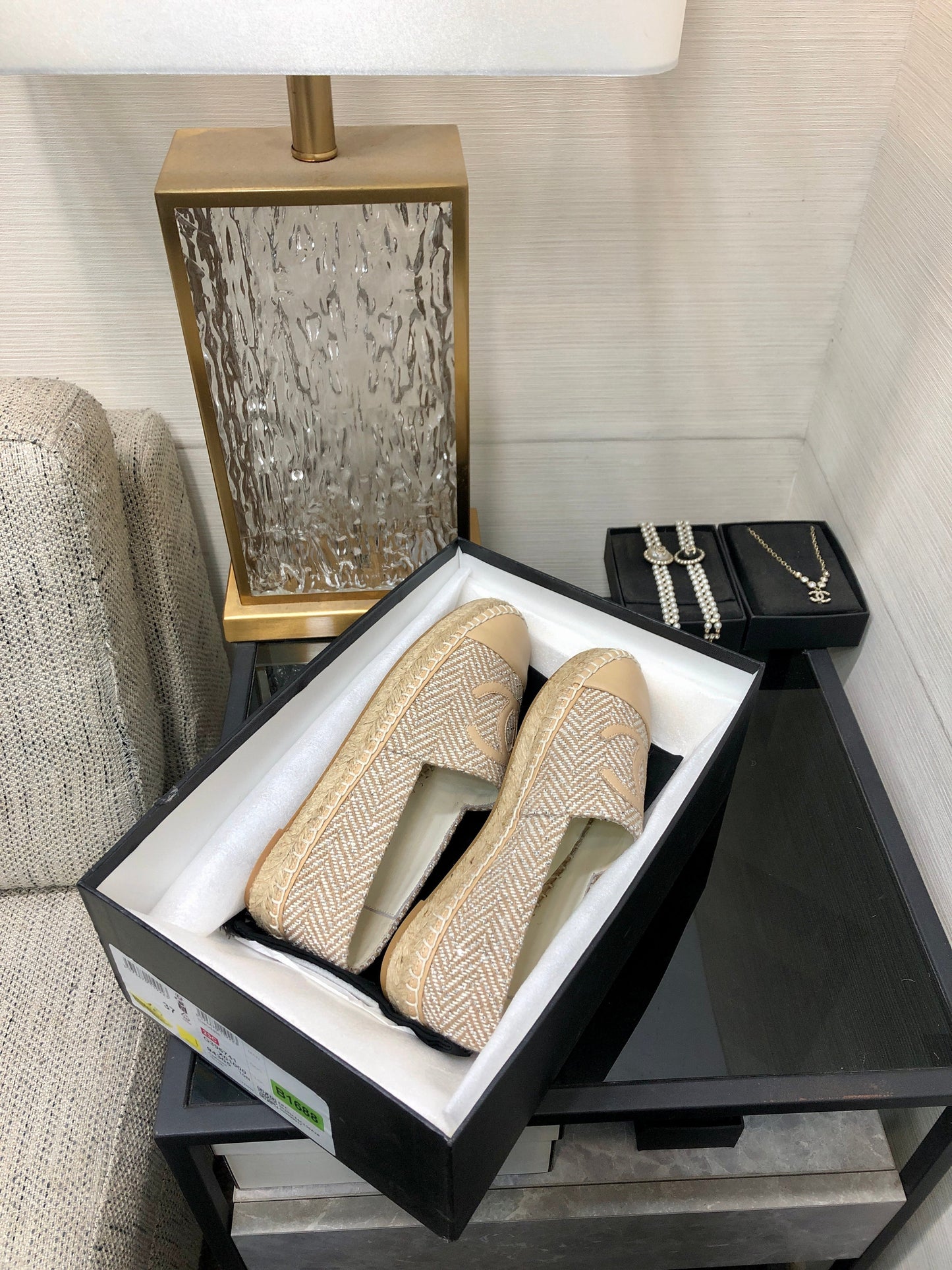 ESPADRILLE BISQUE BEIGE TWEED FABRIC AND CALFSKIN FLATS - 35