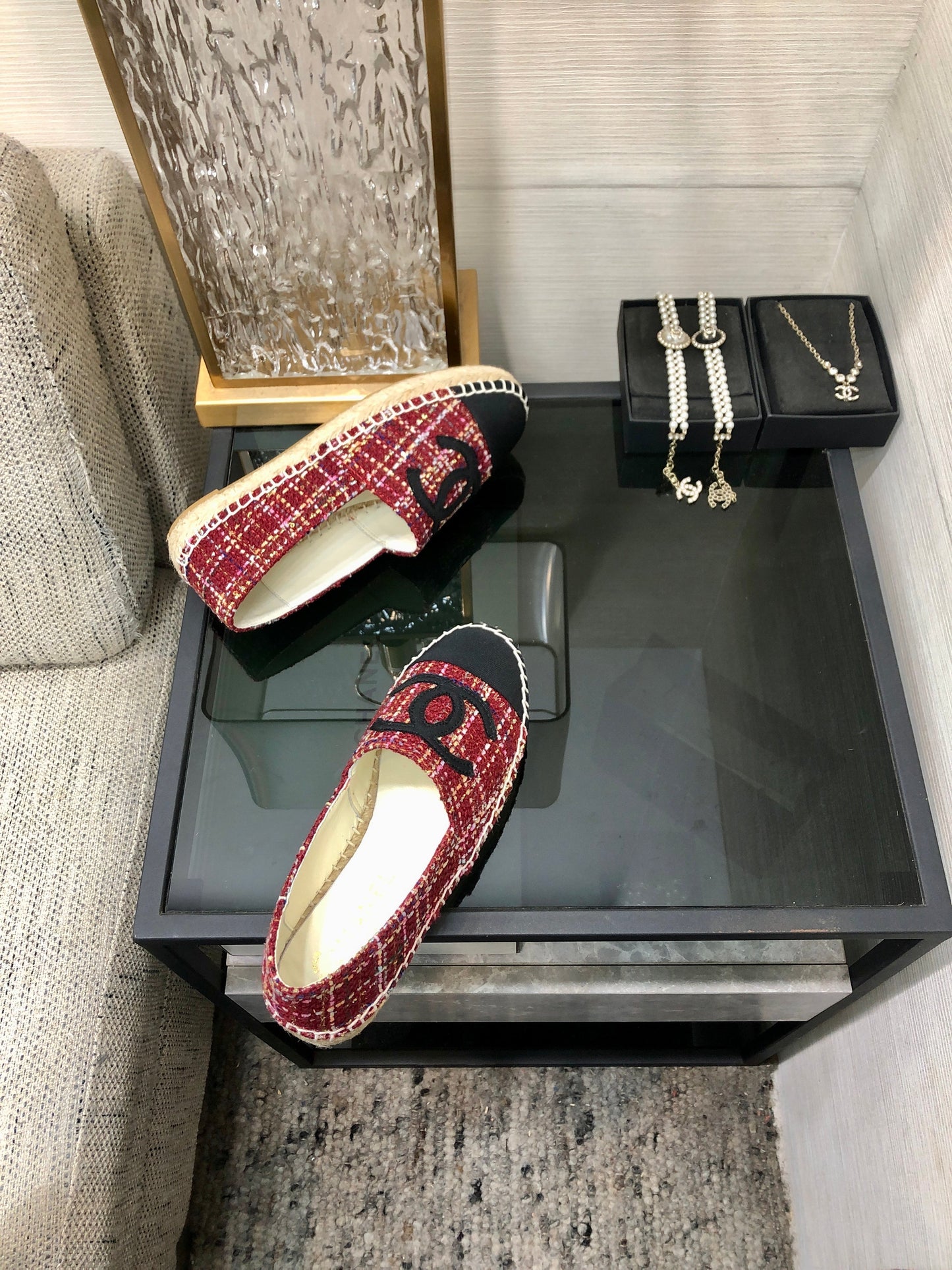 ESPADRILLE BLACK MIX CRIMSON RED TWEED FABRIC FLATS - 35