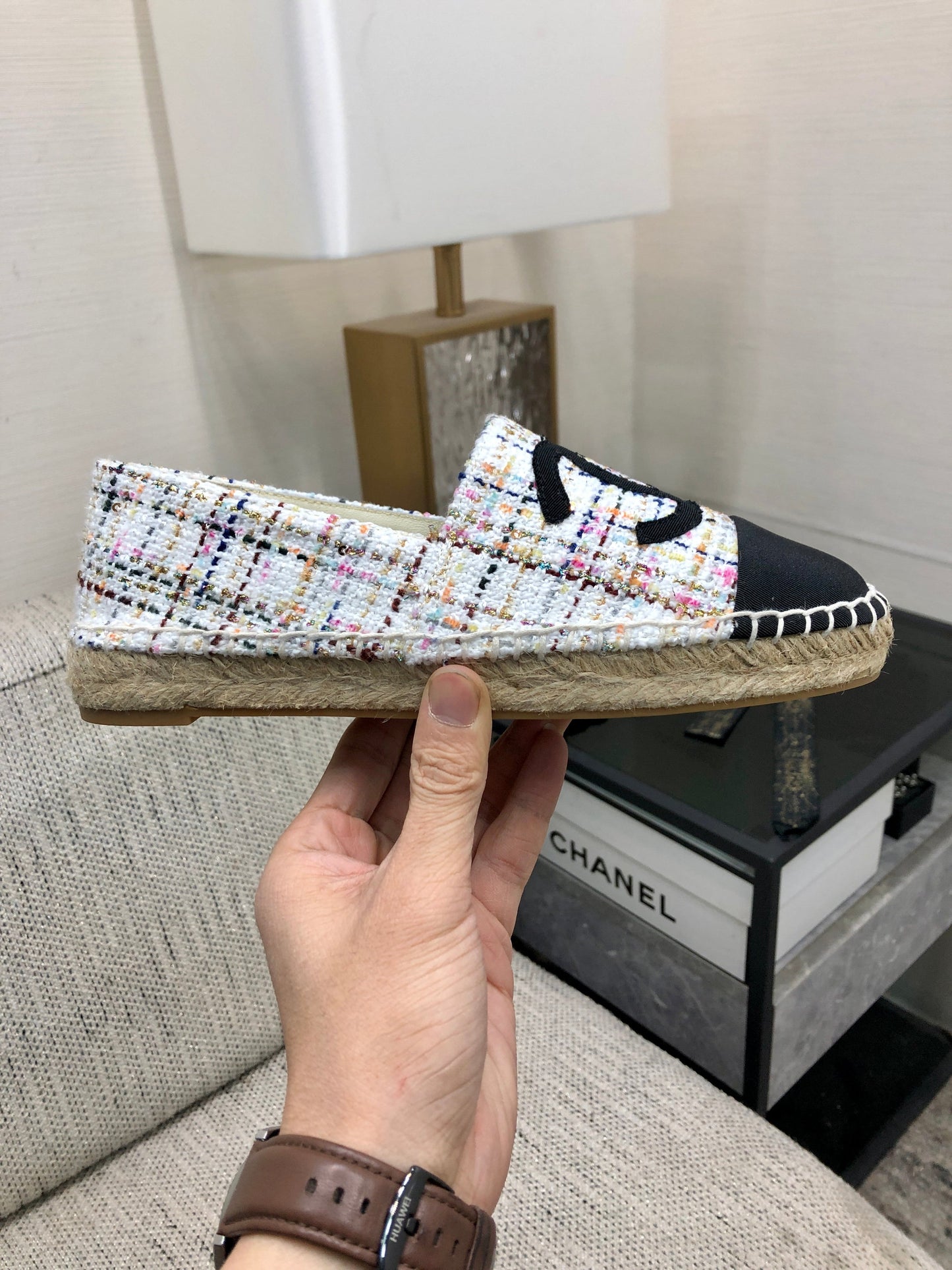 ESPADRILLE WHITE MIX BLACK TWEED FABRIC FLATS - 35