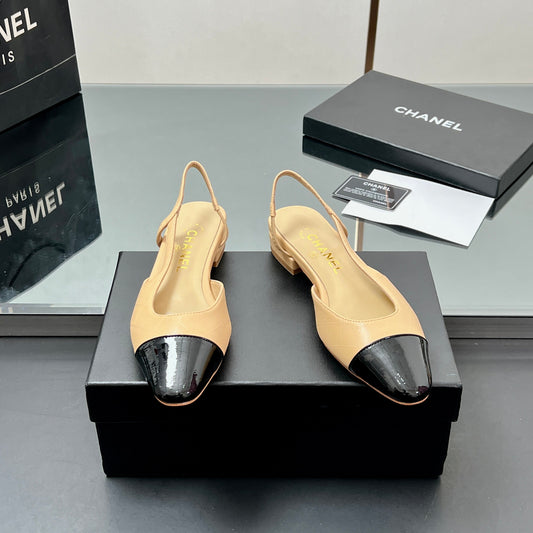 БОСОНІЖКИ CC SLINGBACK 25S 25 ММ З БЕЖЕВОЇ ШКІРИ ЯГНЯТИ ТА ЧОРНОЇ ГЛЯНЦЕВОЇ ШКІРИ З ШАХОВИМ ВІЗЕРУНКОМ - 35
