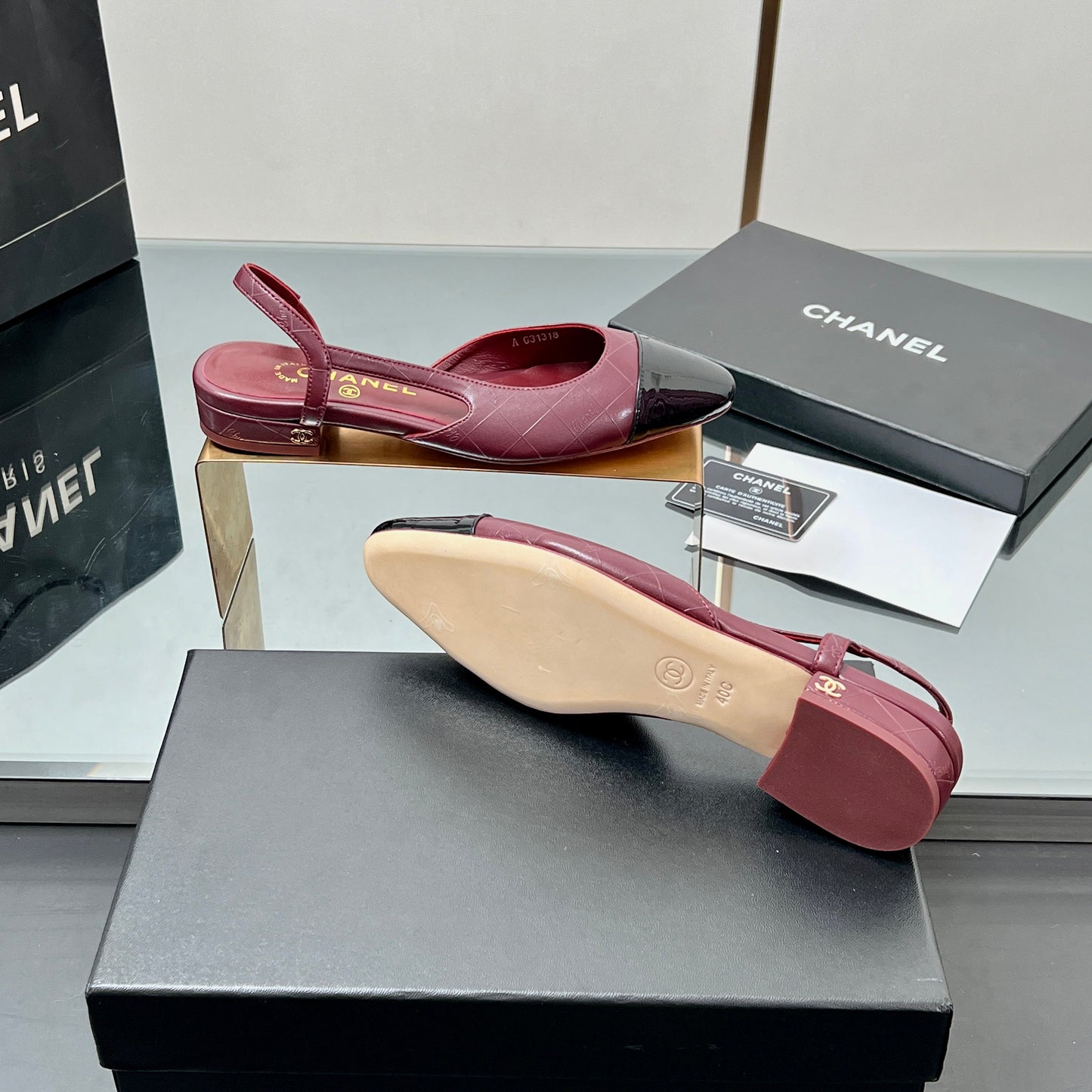 CC SLINGBACK 25S 25 MM IN BURGUNDY LAMBSKIN AND BLACK GLOSSY LEATHER WITH CHECK PATTERN - 35