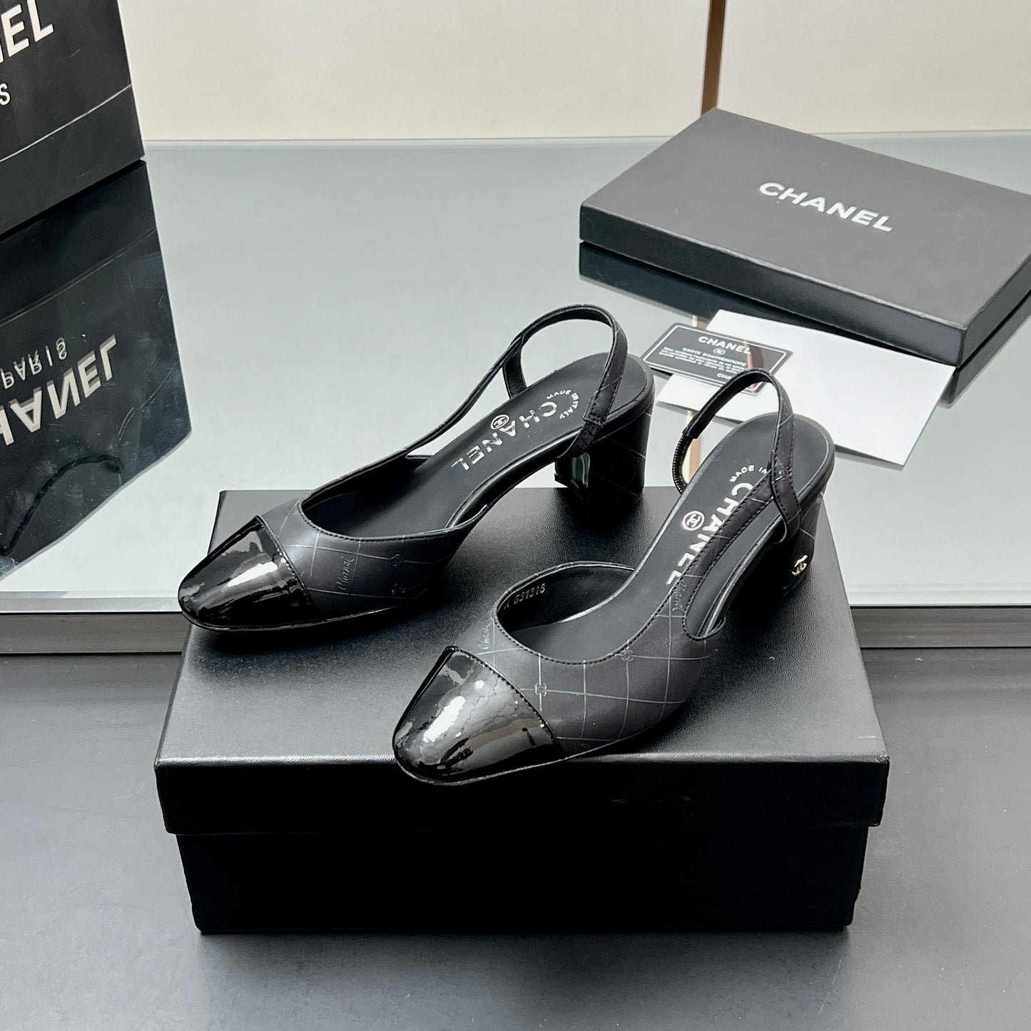 CC SLINGBACK 25S 65 MM IN BLACK LAMBSKIN WITH CHECK PATTERN - 35