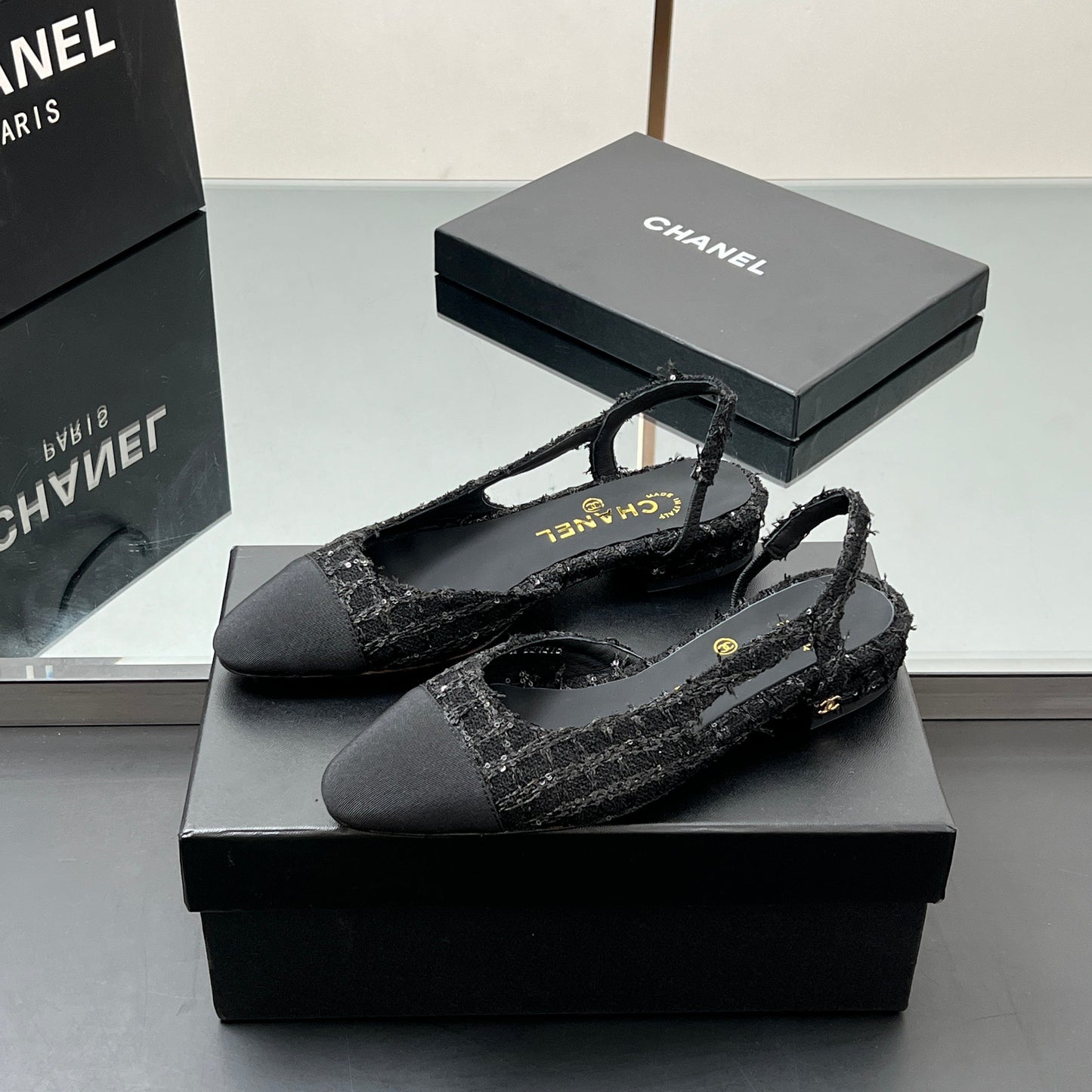 CC SLINGBACK 25S IN BLACK FABRIC AND TWEED SEQUINED - 35