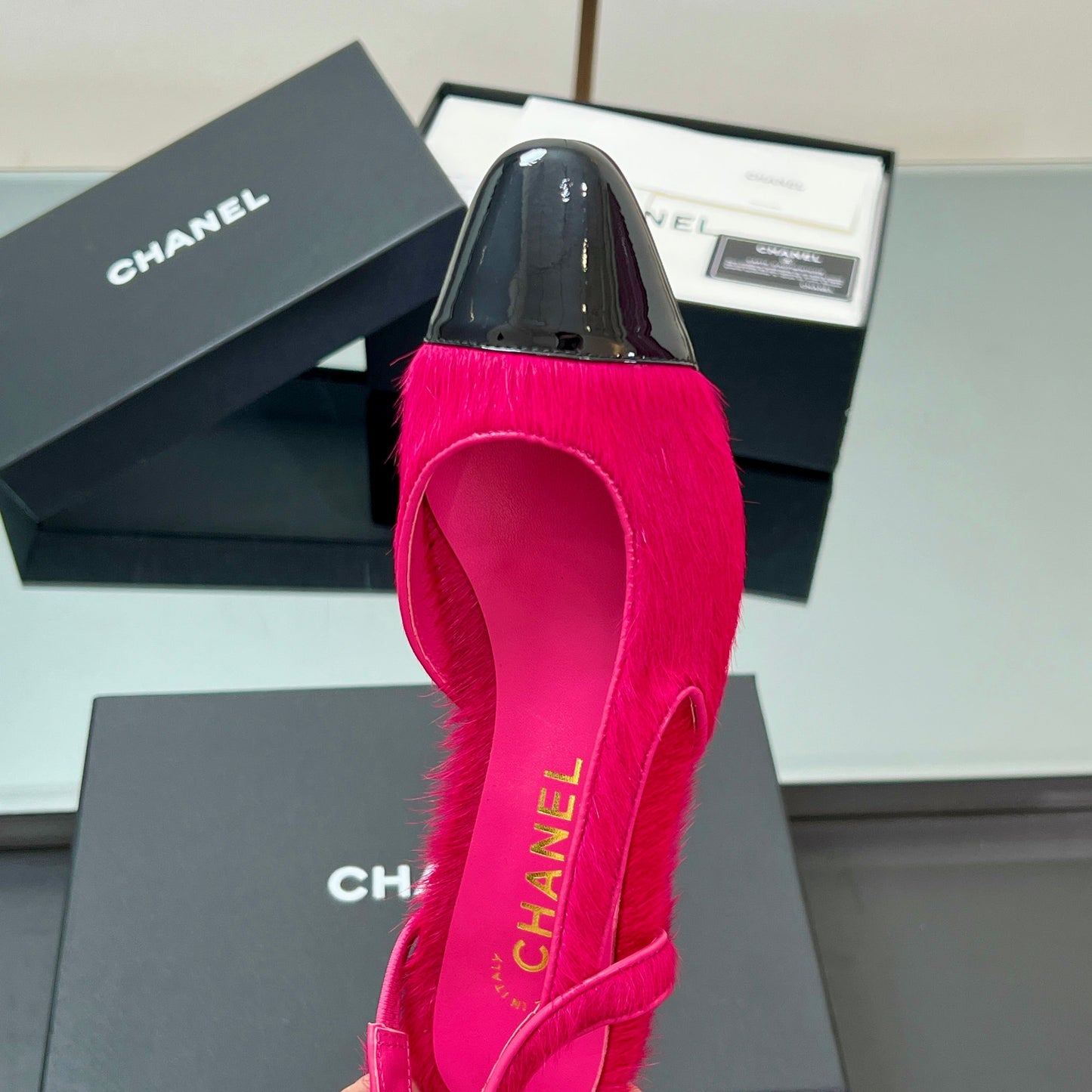 CC PONY HAIR SLINGBACK 25S IN PINK MIX BLACK GLOSSY LEATHER - 34