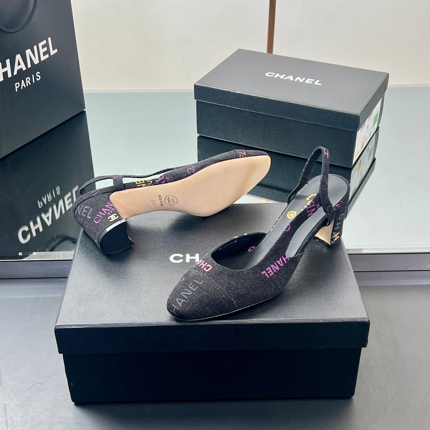 CC SLINGBACK 25S 65 MM IN BLACK FABRIC PRINT BRAND LOGO - 35
