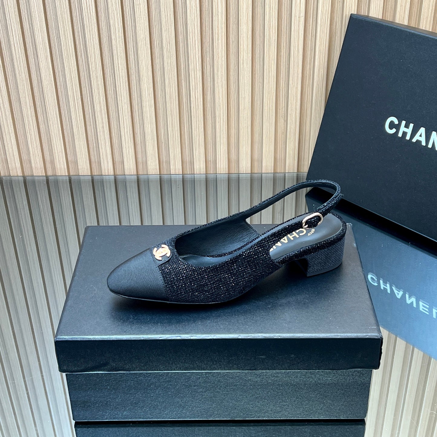 CHANEL 25S SLINGBACK SHOE 45MM IN BLACK TWEED - 35