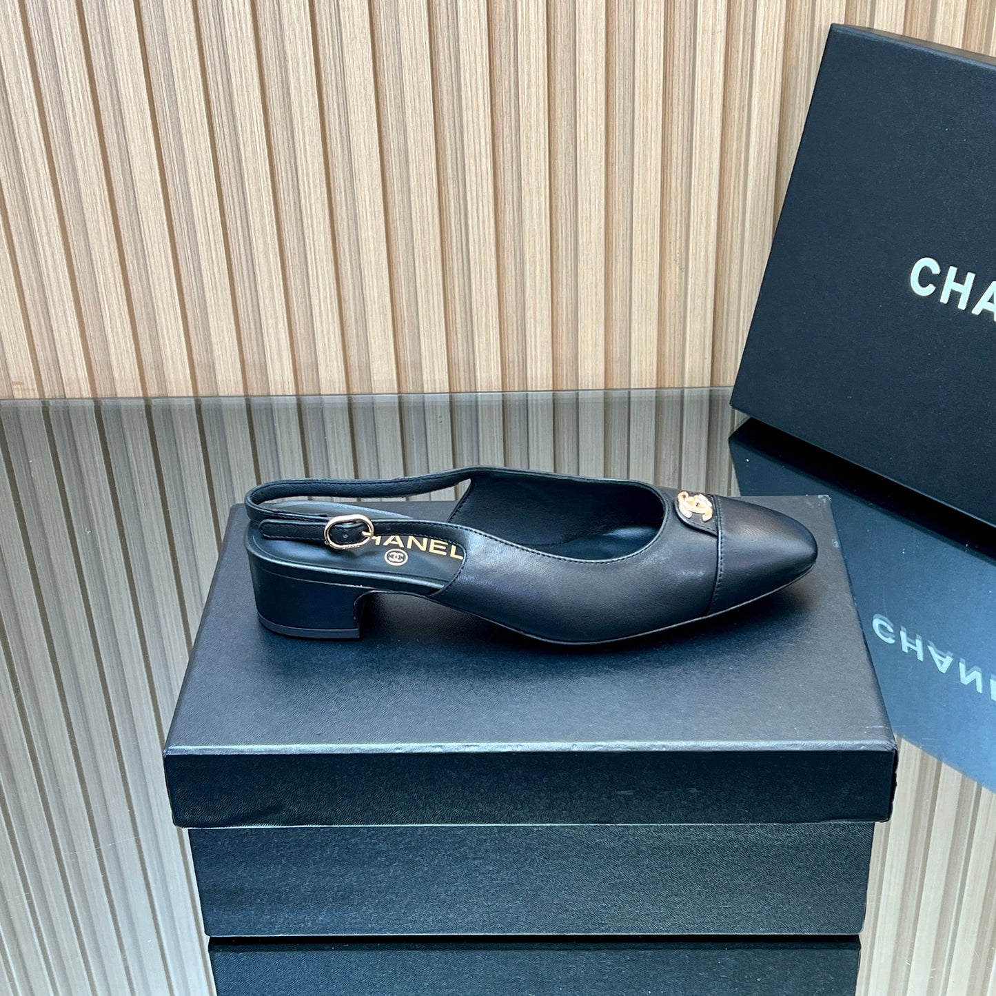 CHANEL 25S SLINGBACK SHOE 45MM IN BLACK CALFSKIN GOLD HARDWRE - 35