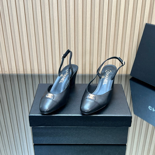 CHANEL 25S SLINGBACK SHOE LOGO 65MM IN BLACK CALFSKIN GOLD HARDWARE