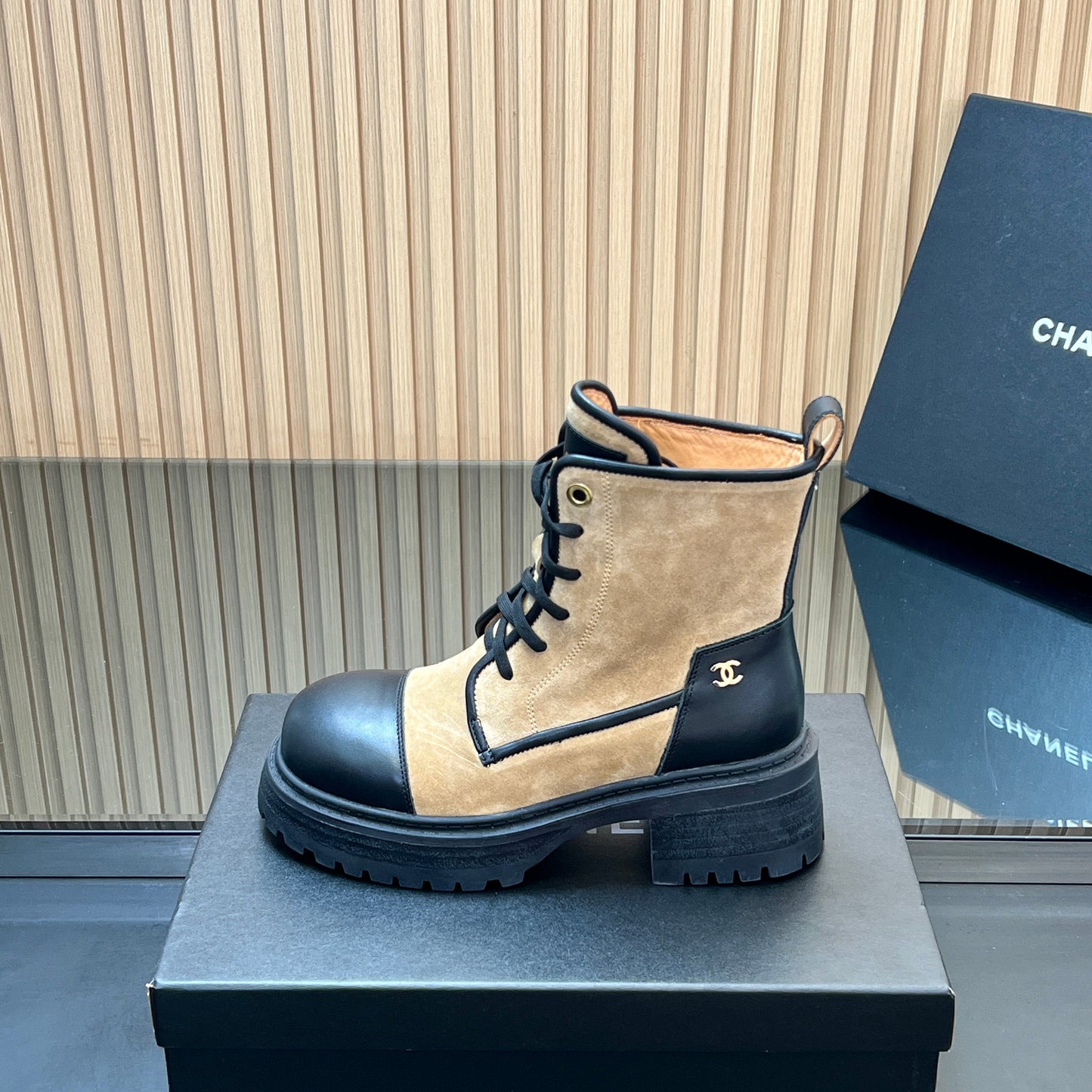 CHANEL 25S LACE-UP ANKLE BOOTS IN BROWN BLACK SUEDE AND CALFSKIN - 35