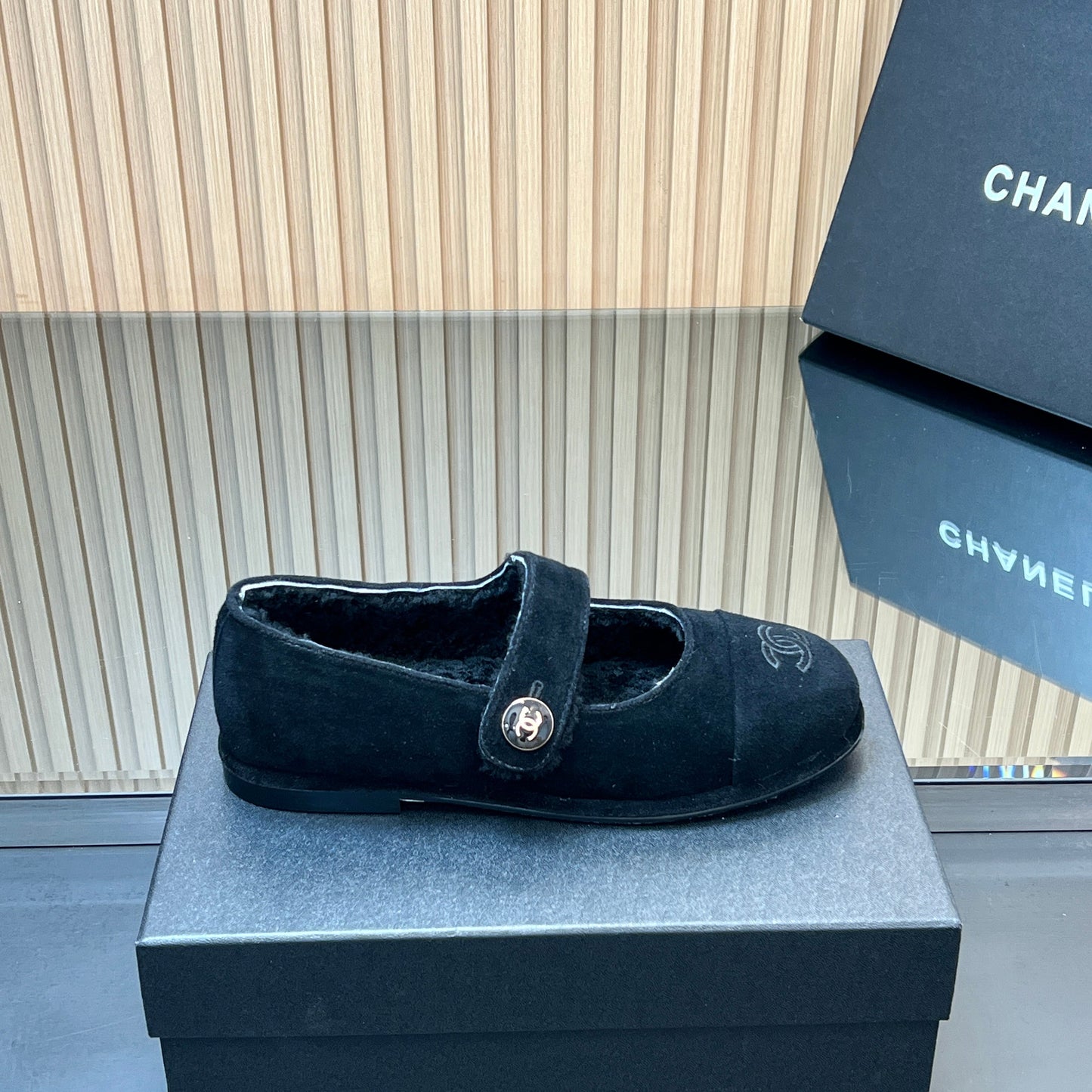 CHANEL 25S FURRY MARY JANE SHOES IN BLACK SUEDE - 35