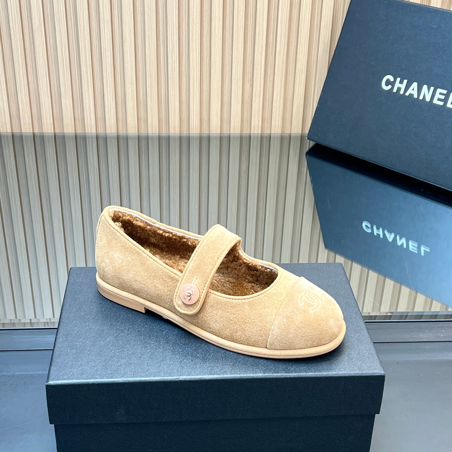 CHANEL 25S FURRY MARY JANE SHOES IN LIGHT BROWN SUEDE - 35
