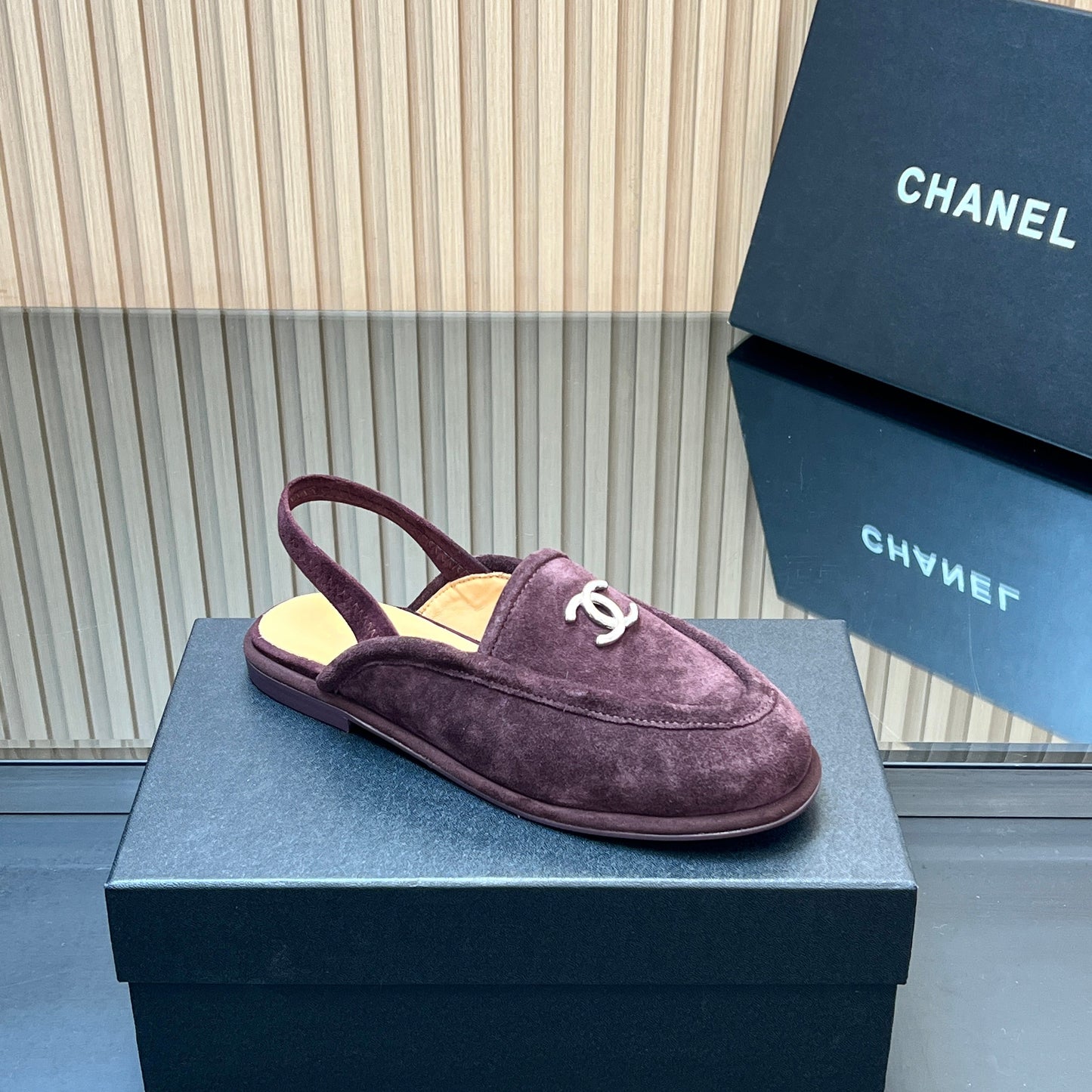 CHANEL 25S BACK STRAP MULE 15MM IN DARK PURPLE SUEDE SILVER HARDWRE - 35
