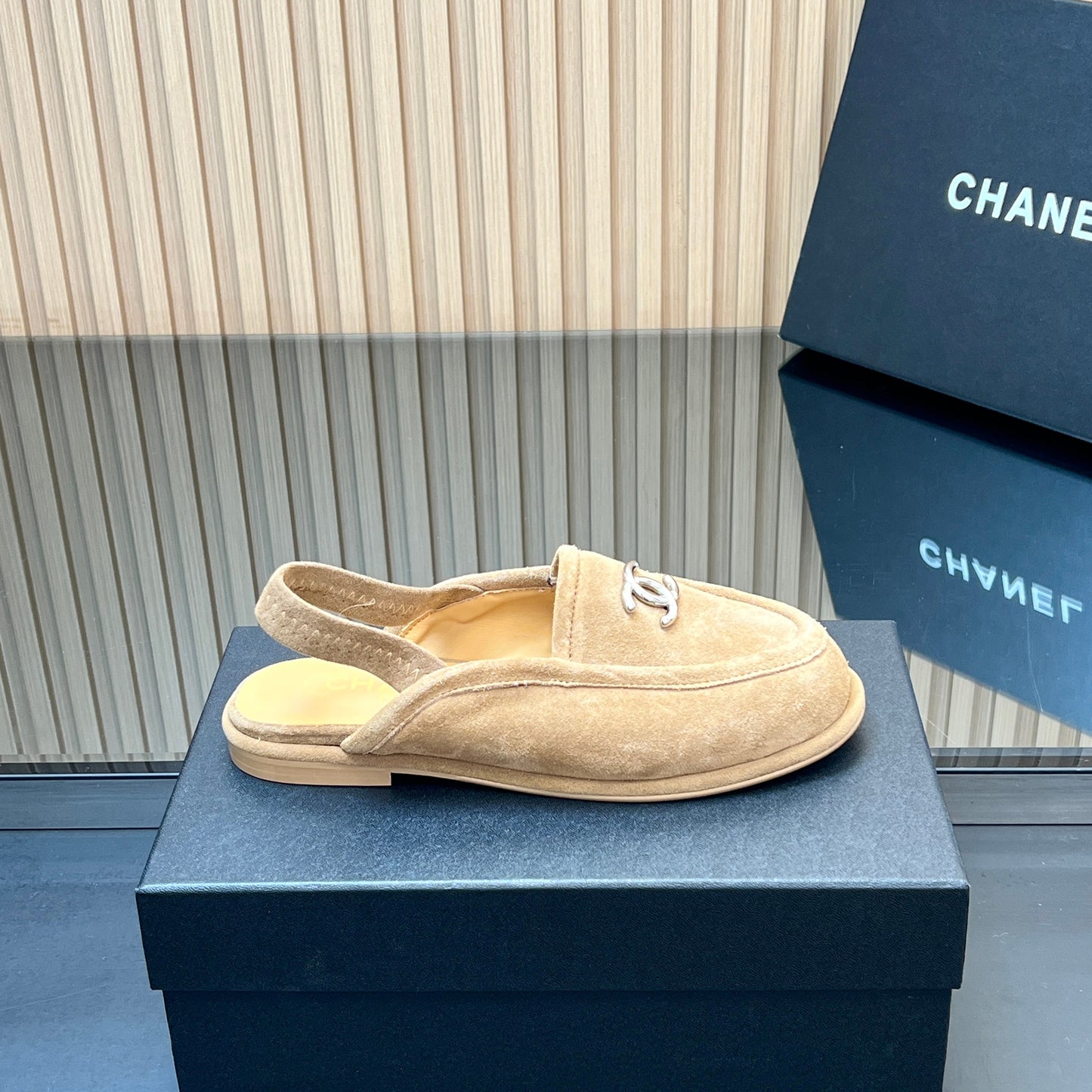 CHANEL 25S BACK STRAP MULE 15MM IN LIGHT BROWN SUEDE SILVER HARDWRE - 35