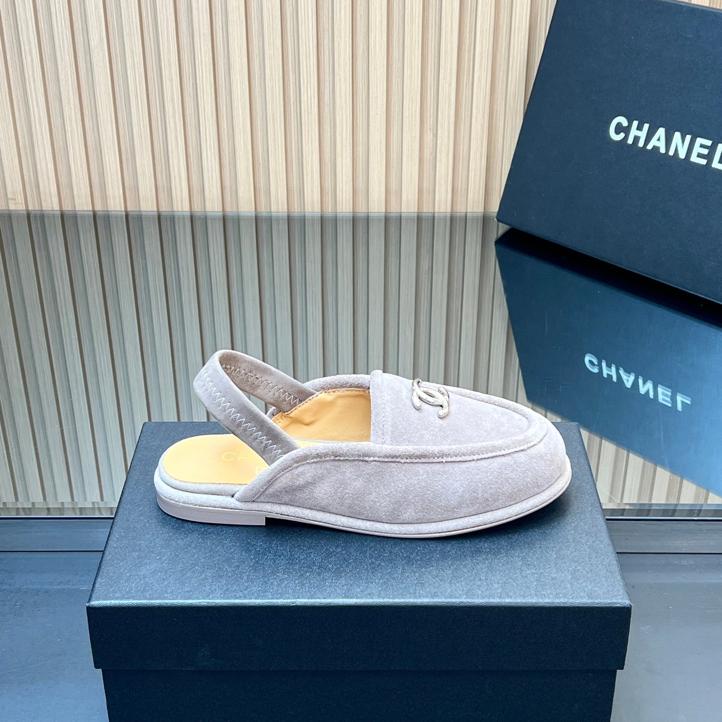 CHANEL 25S BACK STRAP MULE 15MM IN LIGHT GRAY SUEDE SILVER HARDWRE - 35