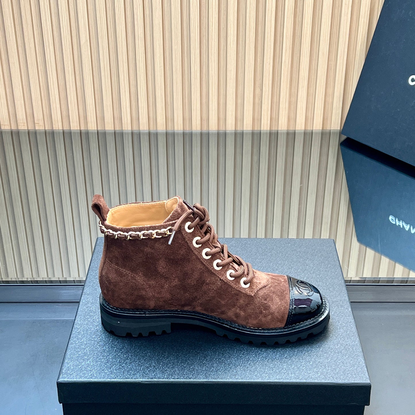 CHANEL 25S MARTIN LACE-UP BOOTS WITH CHAIN DETAIL IN DARK BROWN SUEDE - 35