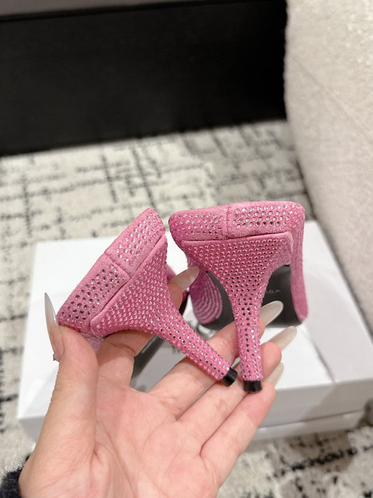 KNIFE 65MM HIGH MULE IN SHOCKING PINK SUEDE ATTACHED FULL CRYSTALS - 35