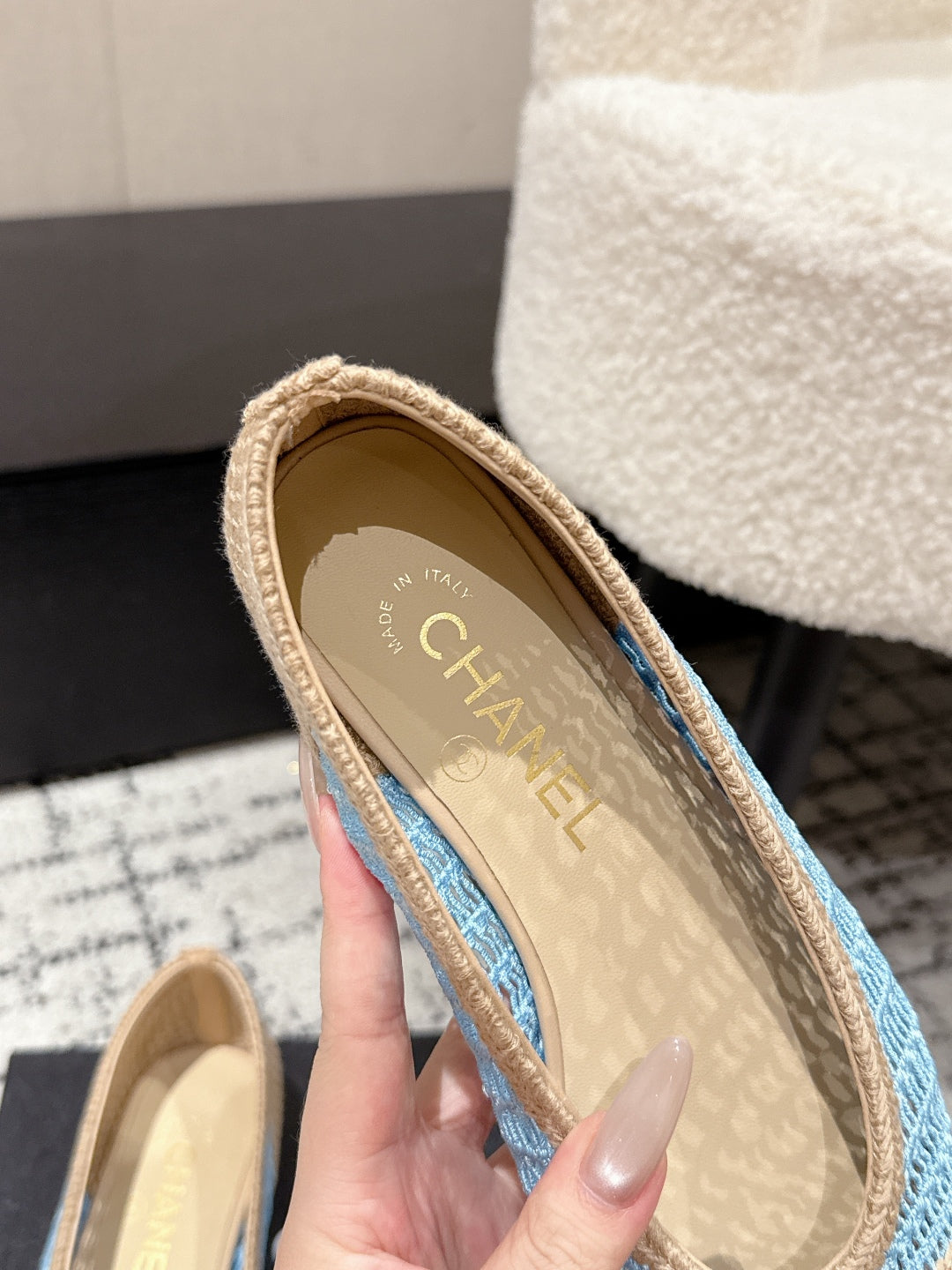 BALLET FLAT 25S IN BLUE AND BEIGE RAFFIA - 35