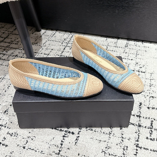 BALLET FLAT 25S IN BLUE AND BEIGE RAFFIA - 35