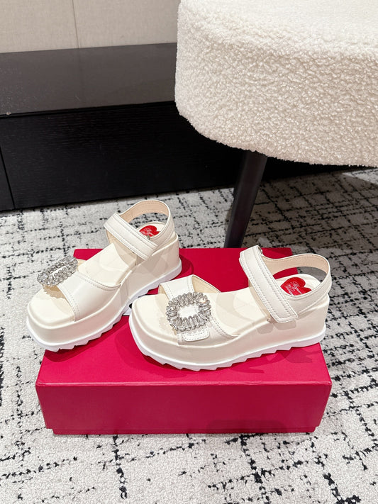 ROGER VIVIER 25S SLIDY VIV' WEDGE SANDALS 70 MM IN IVORY CALFSKIN EMBELLISHED CRYSTALS - 35