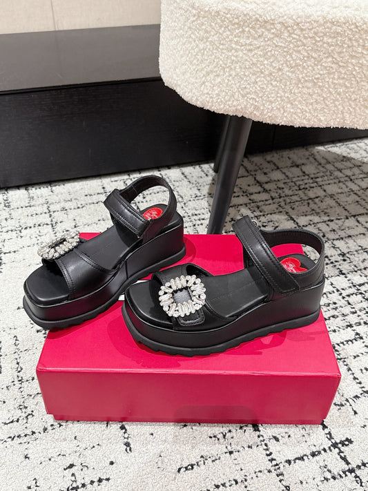 ROGER VIVIER 25S SLIDY VIV' WEDGE SANDALS 70 MM IN BLACK CALFSKIN EMBELLISHED CRYSTALS - 35