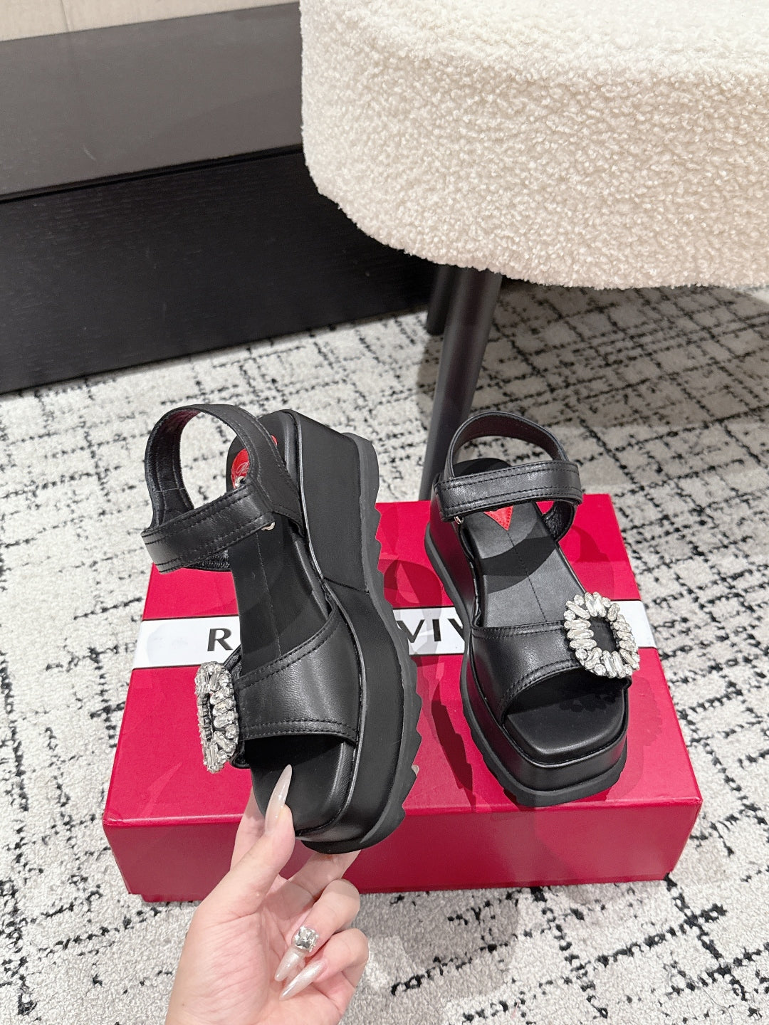 ROGER VIVIER 25S SLIDY VIV' WEDGE SANDALS 70 MM IN BLACK CALFSKIN EMBELLISHED CRYSTALS - 35