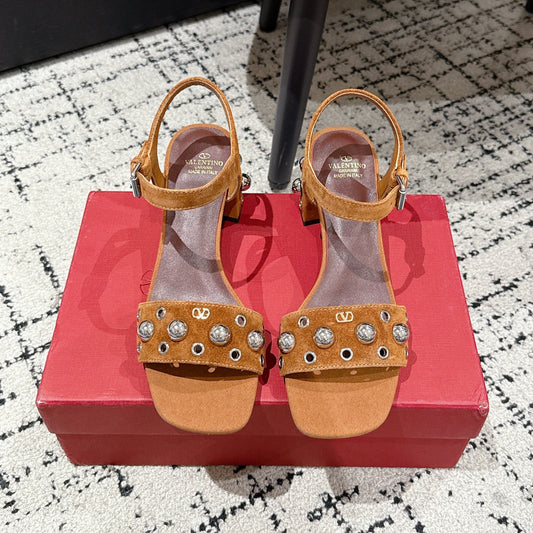 VLTN STUDDED BLOCK HEEL SANDALS 25S 60 MM IN BROWN SUEDE - 35
