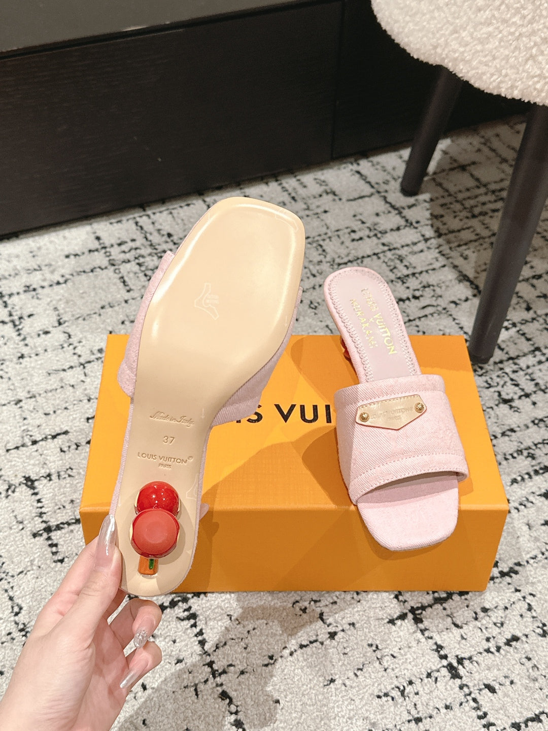 LV CHERRY HIGH HEELS 25S 55 MM IN LIGHT PINK DENIM STYLE 4 - 35
