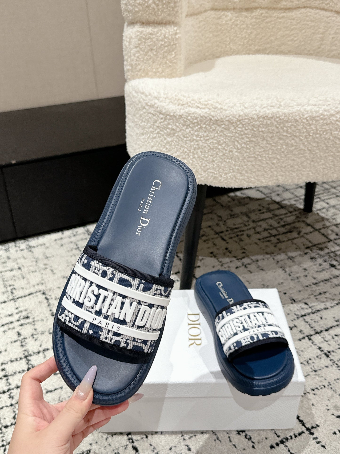 DIOR SLIDES 25S IN DUSTY NAVY BLUE LAMBSKIN AND FABIRC WITH BRAND LOGO STYLE 2 - 35