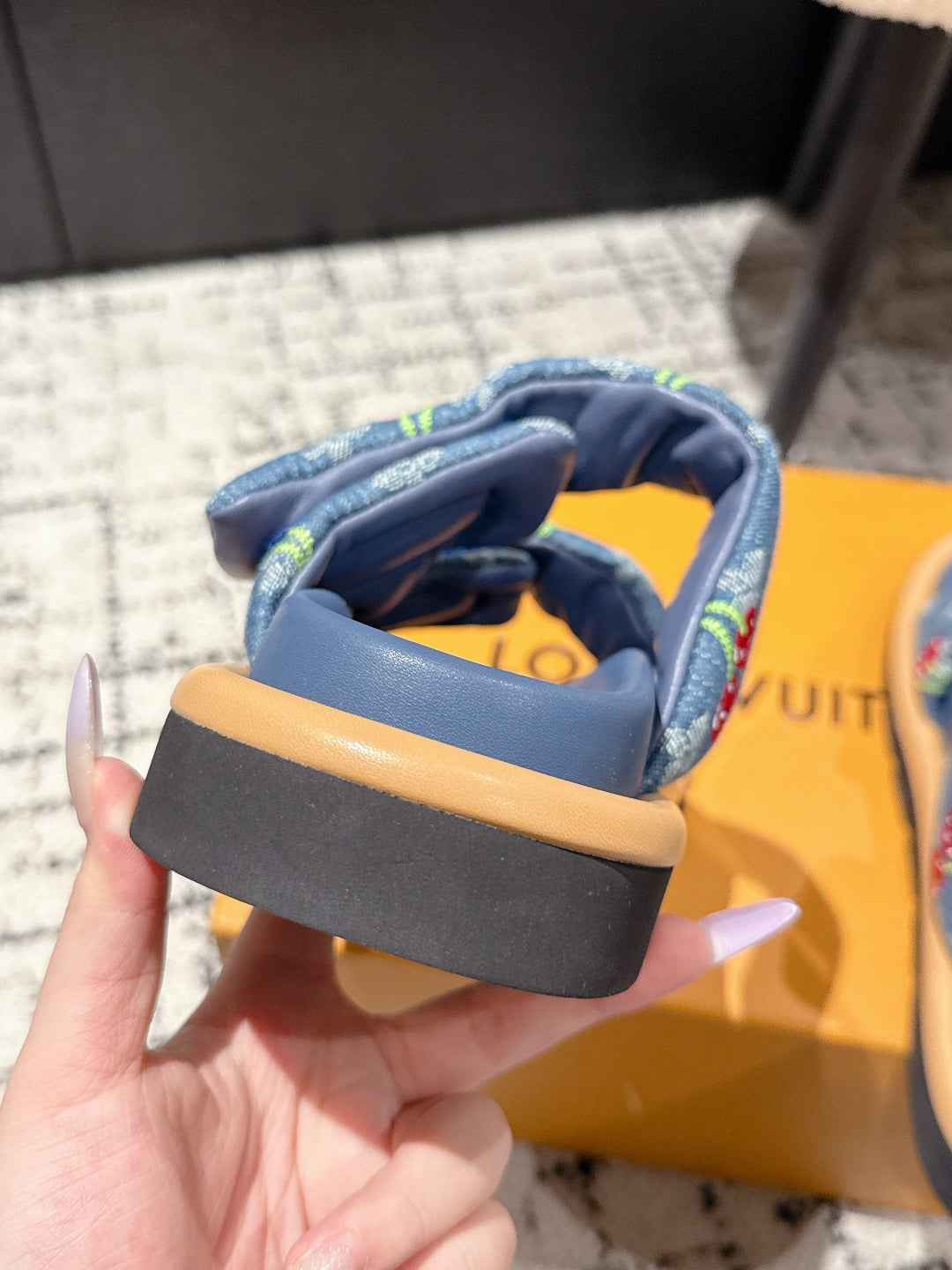 LV MIAMI DOUBLE-STRAP SANDALS 25S IN BLUE DENIM AND CALFSKIN - 35