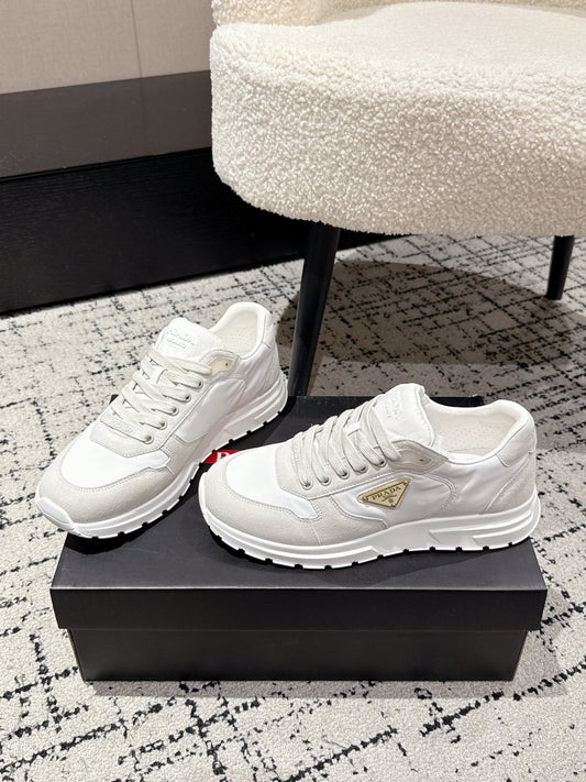 PRADA 25S MEN SNEAKERS LOGO IN WHITE NUBUCK AND CANVAS - 38