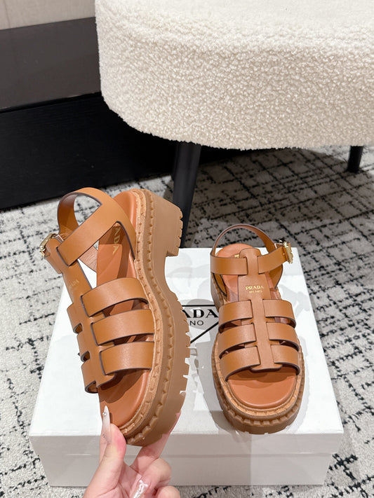 PRADA 25S FISHERMAN OPEN TOE SANDALS IN BURNT ORANGE CALFSKIN - 35