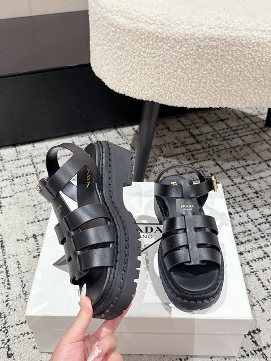 PRADA 25S FISHERMAN OPEN TOE SANDALS IN BLACK CALFSKIN - 35