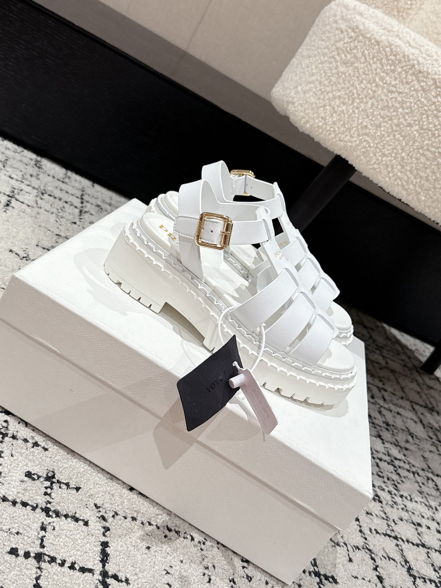 PRADA 25S FISHERMAN OPEN TOE SANDALS IN WHITE CALFSKIN - 35