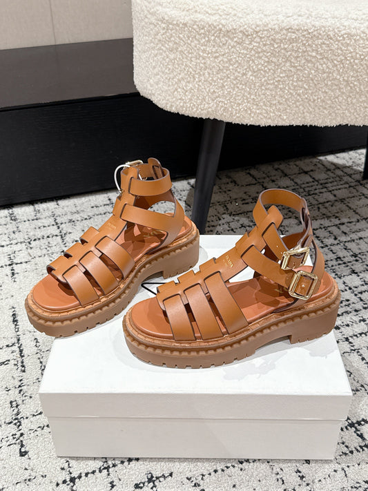 PRADA 25S HIGH TOP OPEN TOE FISHERMAN SANDALS IN BURNT ORANGE CALFSKIN - 35