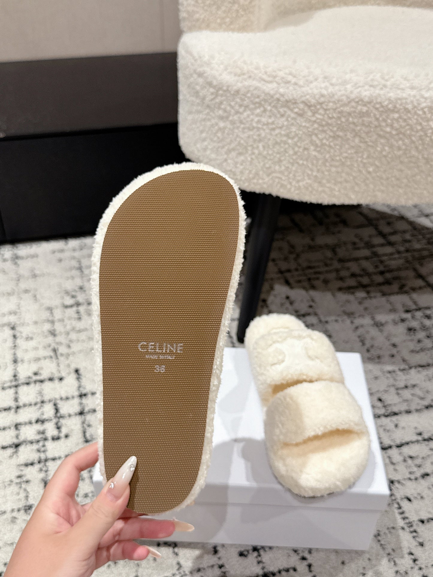 CELINE 25S SLIDES TRIOMPHE IN IVORY SPONGE FABRIC - 35