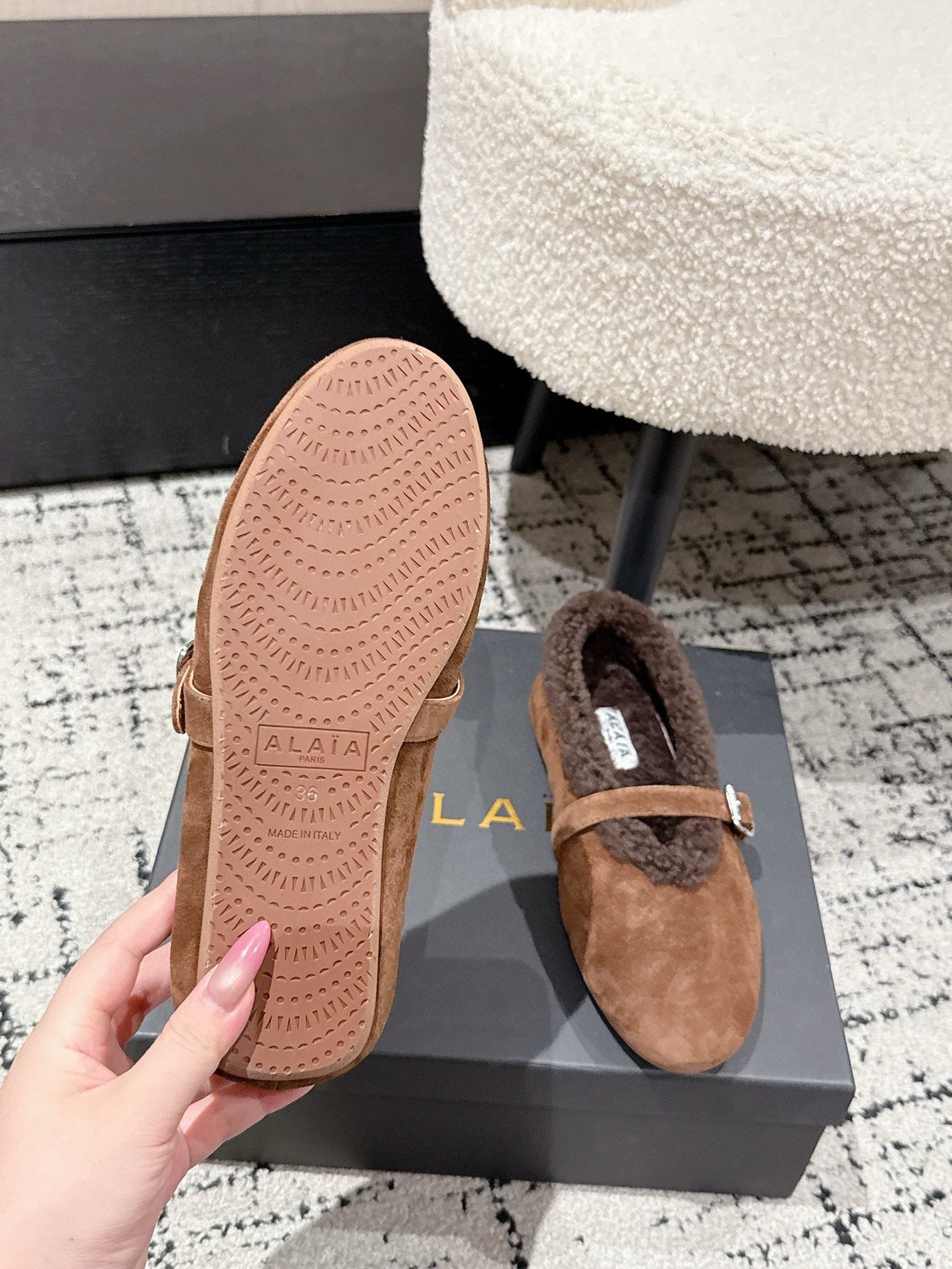 ALAIA 26S BALLET FLATS IN BROWN SUEDE AND WOOL