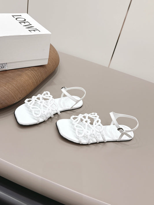 LOEWE 26S SQUARE TOE SANDALS IN WHITE CALFSKIN LOGO