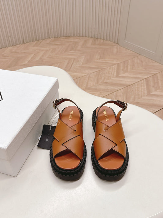 PRADA 25S CRISSCROSS SANDALS IN LIGHT TAN CALFSKIN - 35