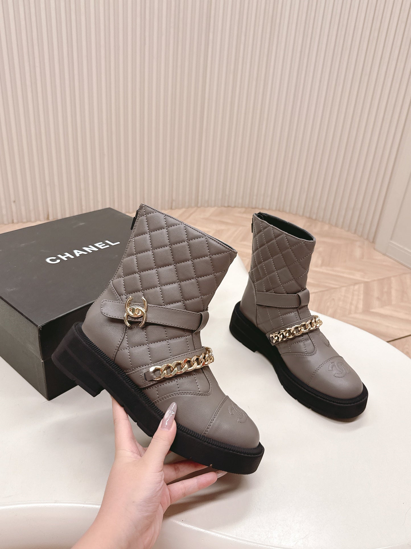 CHANEL ANKLE BOOTS 25S IN SMOKY GREY LAMBSKIN EMBOSSED LOGO WITH GOLD HARDWARE - 35